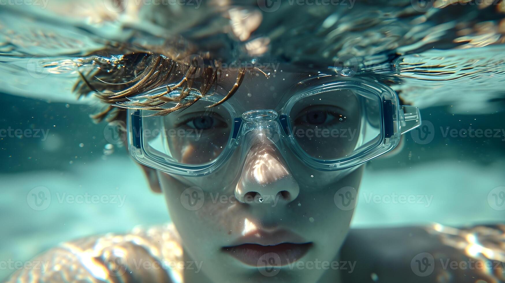 AI generated River underwater portrait of a young white male wearing swimming goggles, generative AI, background image photo