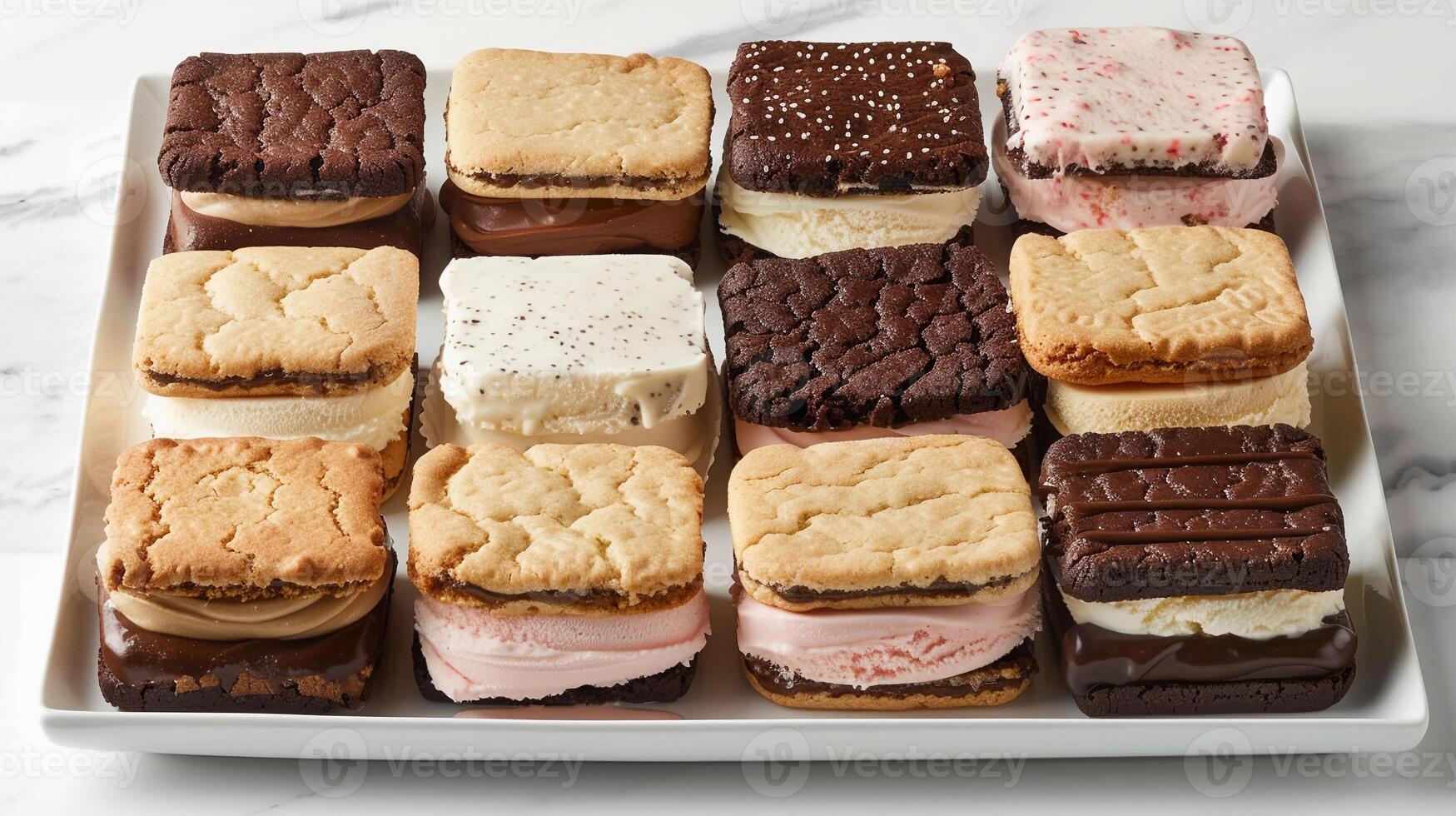 AI generated Ice Cream Sandwich Heaven, assortment of homemade ice cream sandwiches with soft cookies or brownies sandwiching creamy ice cream, generative AI photo