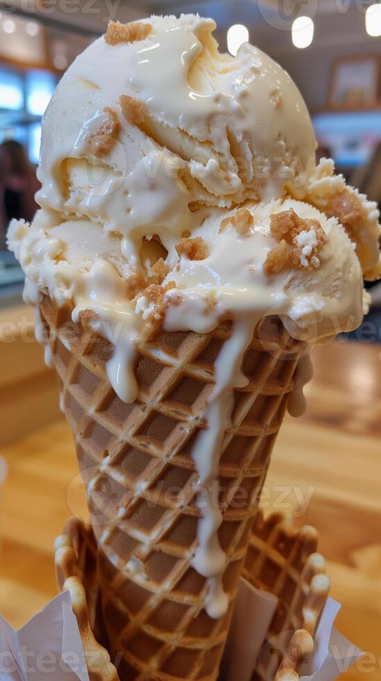 ai generado gofre cono felicidad, de cerca de un delicioso cucharón de hielo crema anidado en un crujiente gofre cono, generativo ai foto