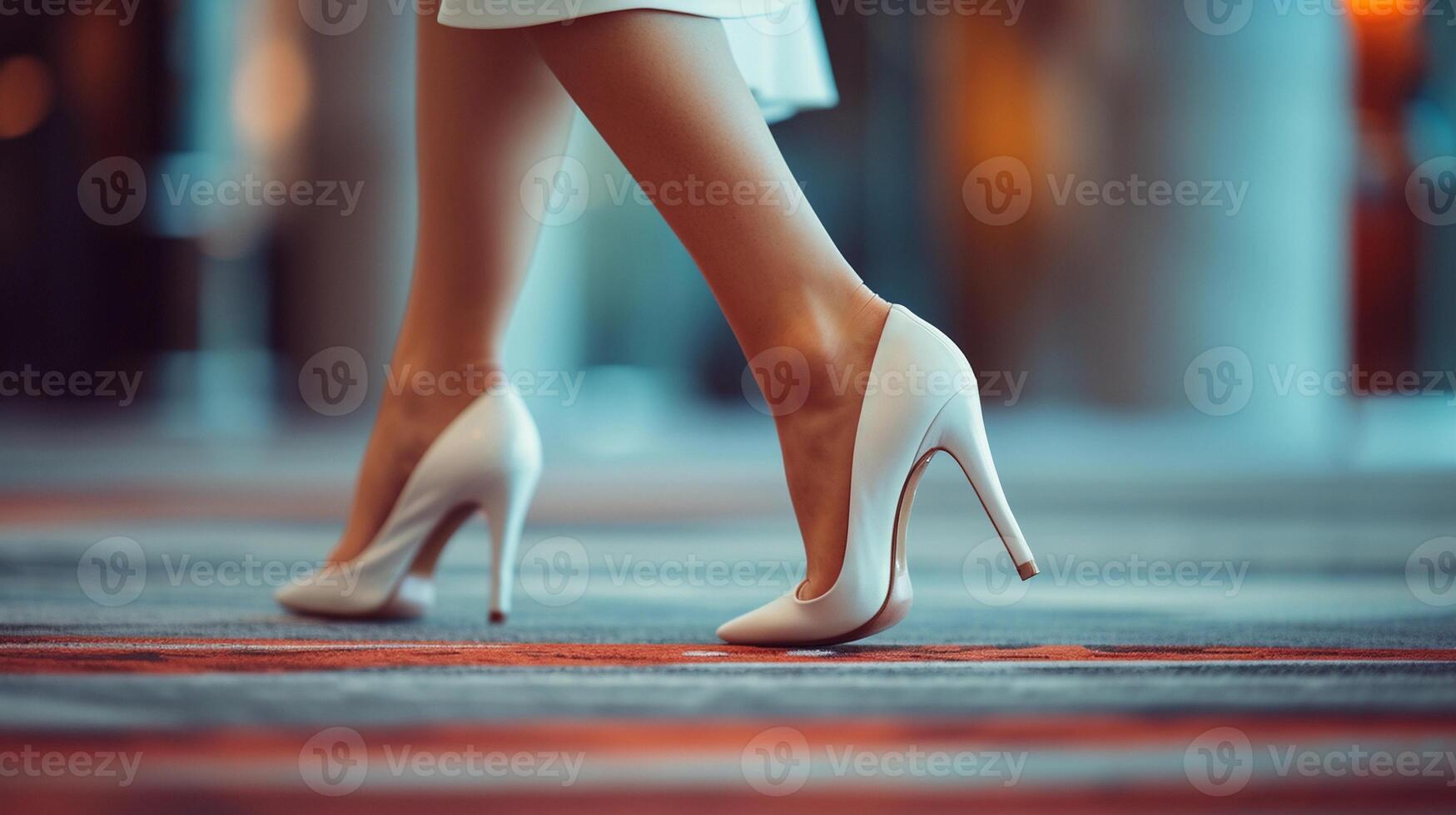 ai generado de cerca retrato de un mujer pies caminando vistiendo blanco alto tacón zapatos, generativo ai foto