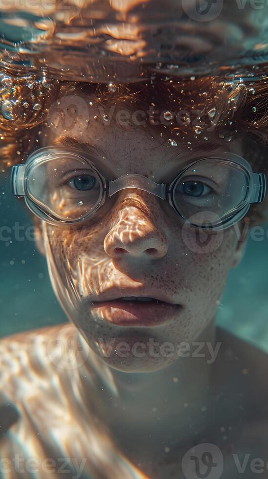 AI generated River underwater portrait of a young white male wearing swimming goggles, generative AI, background image photo