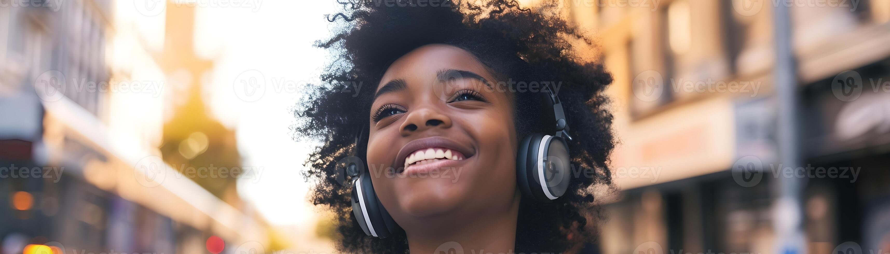 AI generated Portrait of a black teenage female smiling while wearing wireless headphones against city streets background, generative AI, background image photo