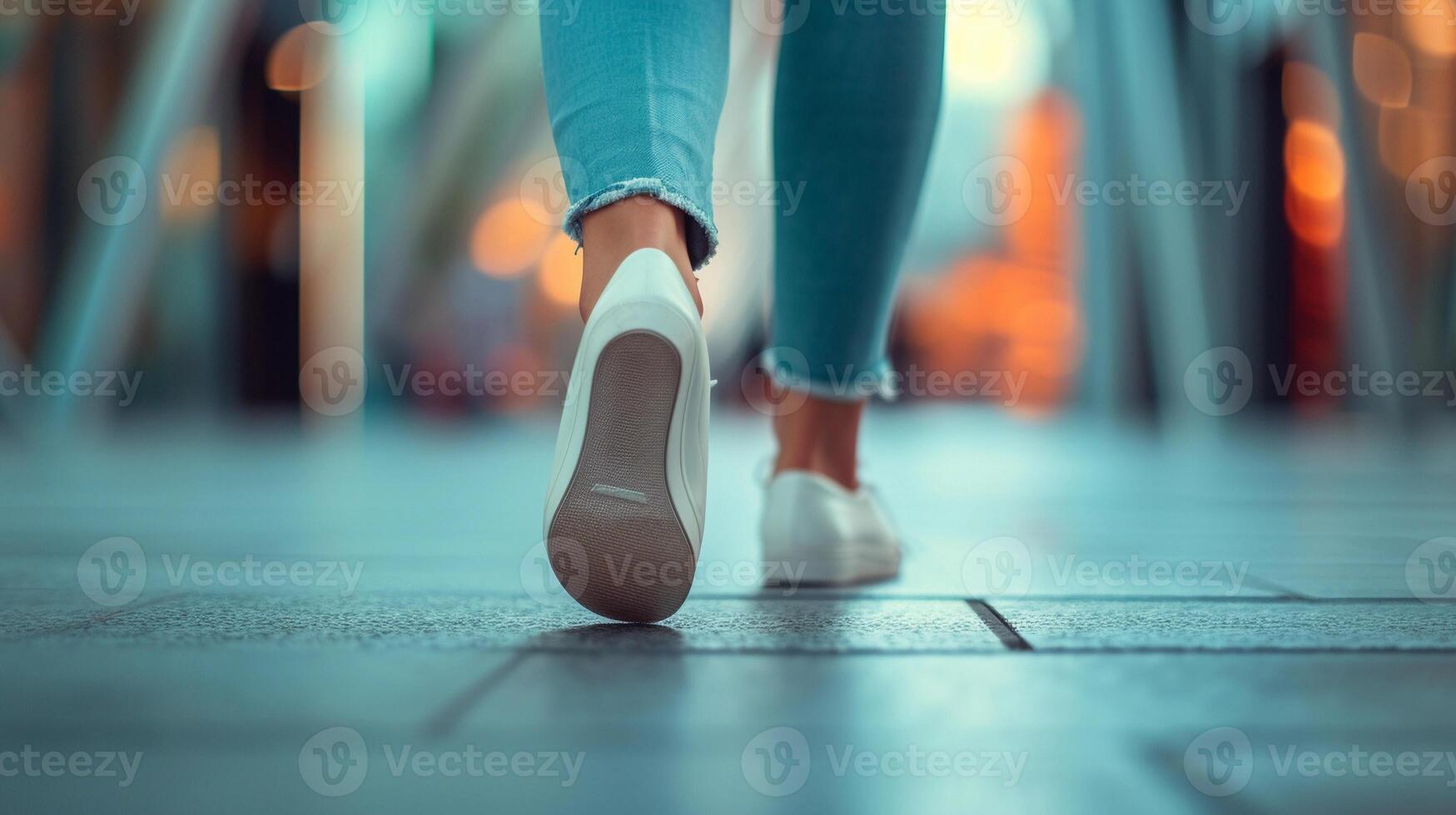 AI generated Close-up portrait of a woman's feet walking wearing casual shoes, generative AI photo