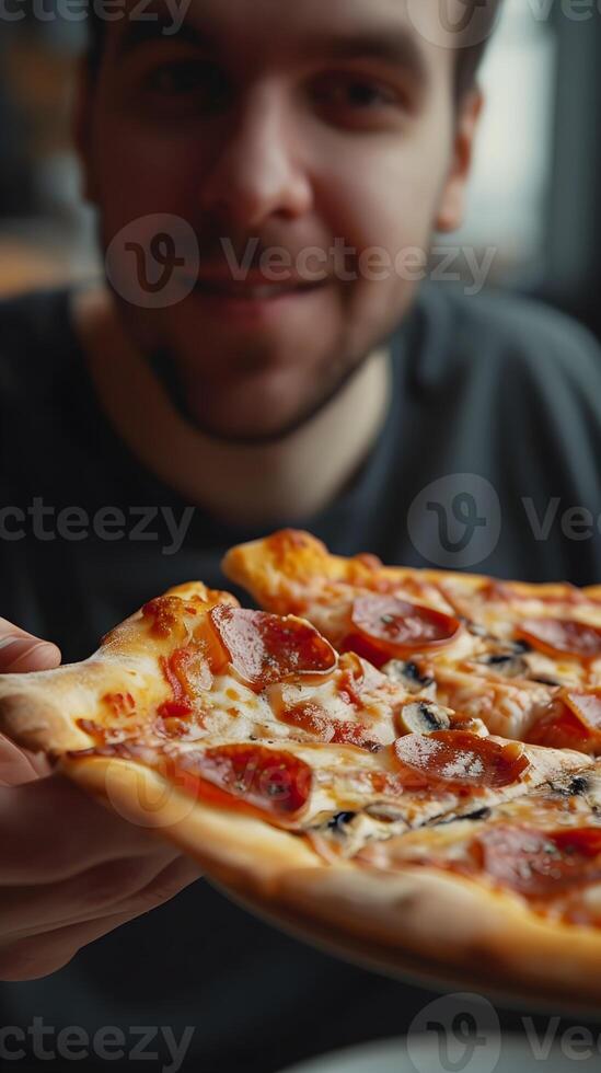 ai generado de cerca de un hombre comiendo un delicioso pizza, antecedentes imagen, generativo ai foto