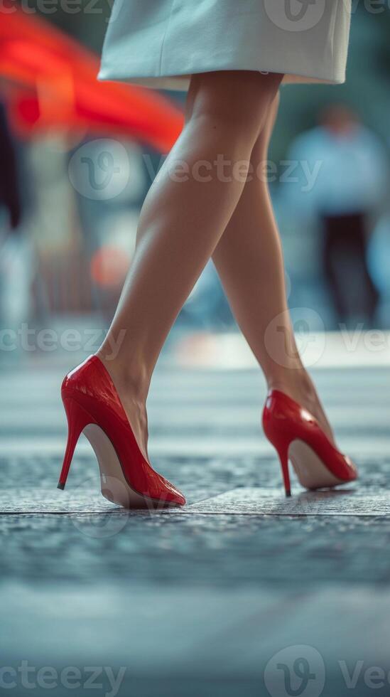 AI generated Close-up portrait of a woman's feet walking wearing red high heel shoes, generative AI photo