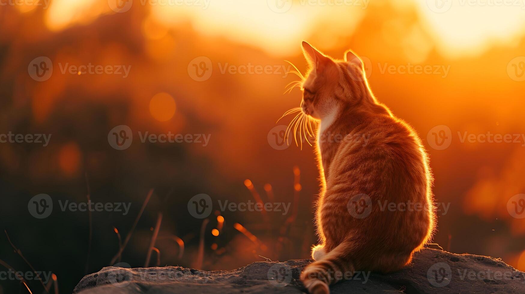 AI generated Back view portrait of a sitting cat against sunset background, background image, generative AI photo