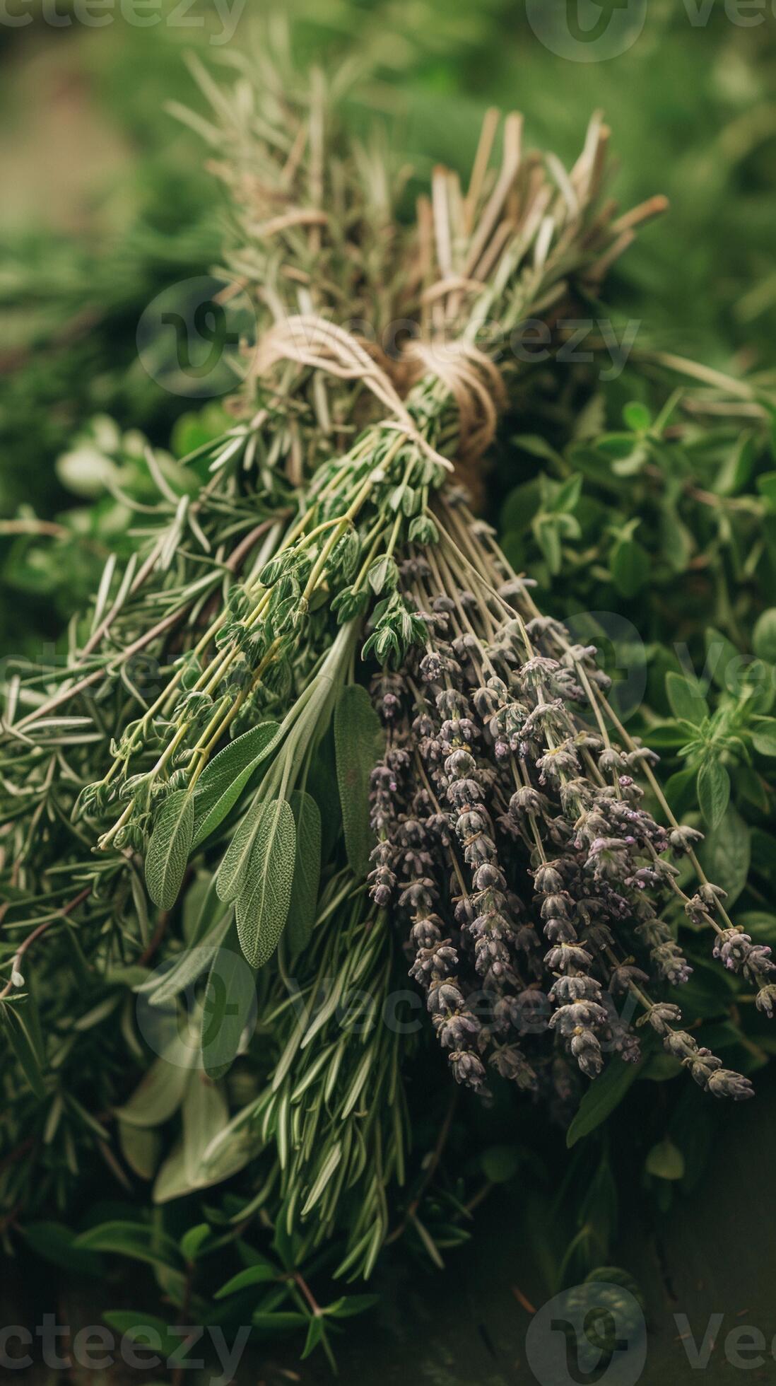 AI generated Herb Bundle Composition, medicinal herbs tied with twine