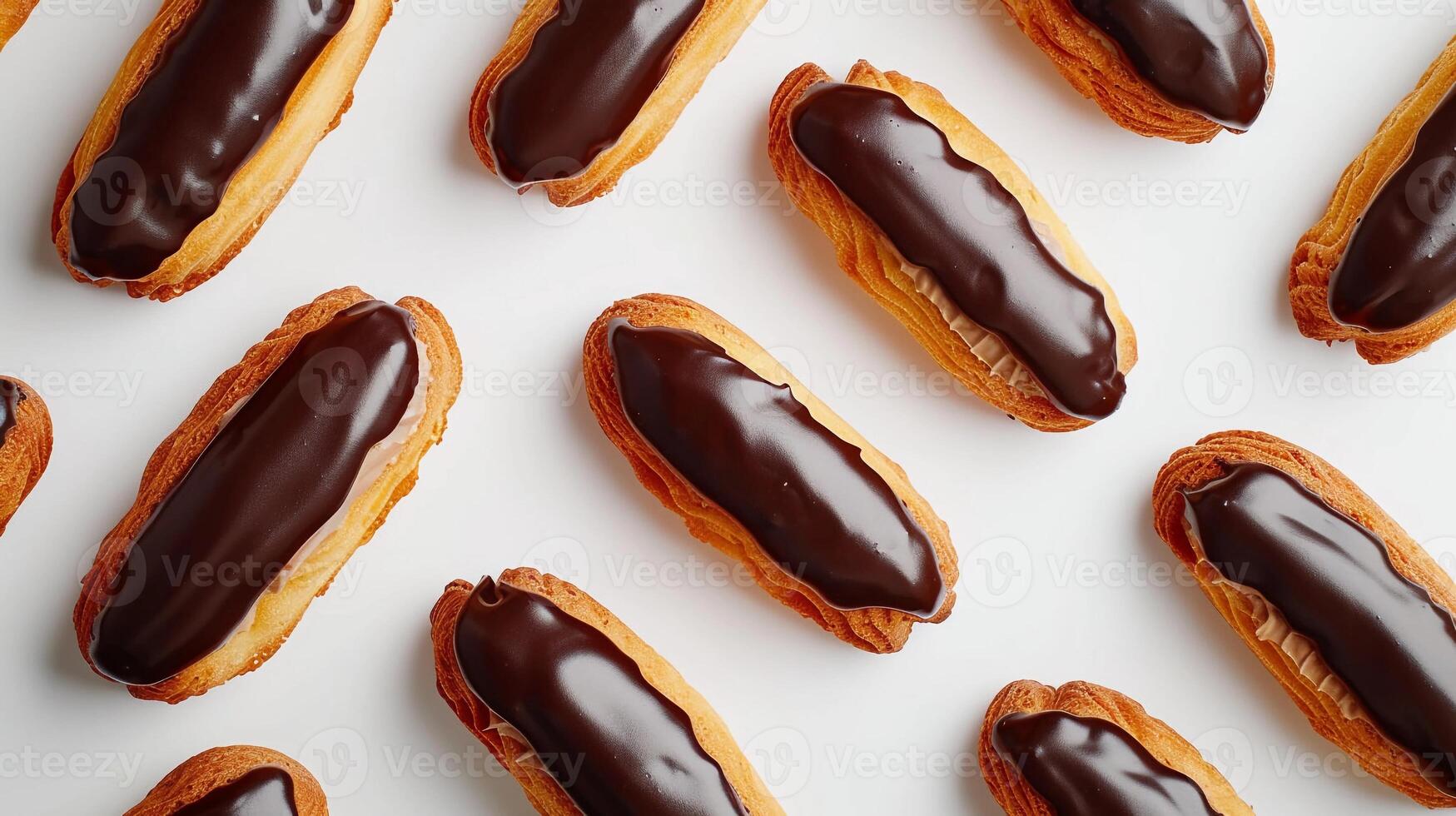 AI generated Eclairs, lineup of chocolate-glazed eclairs filled with creamy pastry cream, background image, generative AI photo