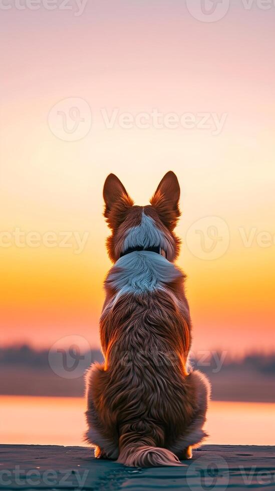 AI generated Back view of a sitting dog against sunset background, background image, generative AI photo