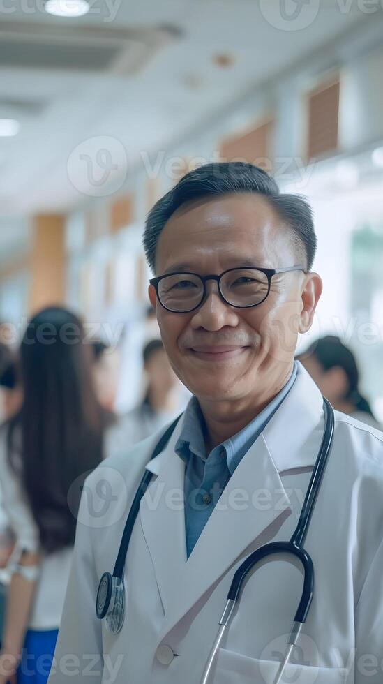 ai generado un de edad mediana asiático masculino médico sonrisas en contra el antecedentes de un ocupado hospital atmósfera, generativo ai foto