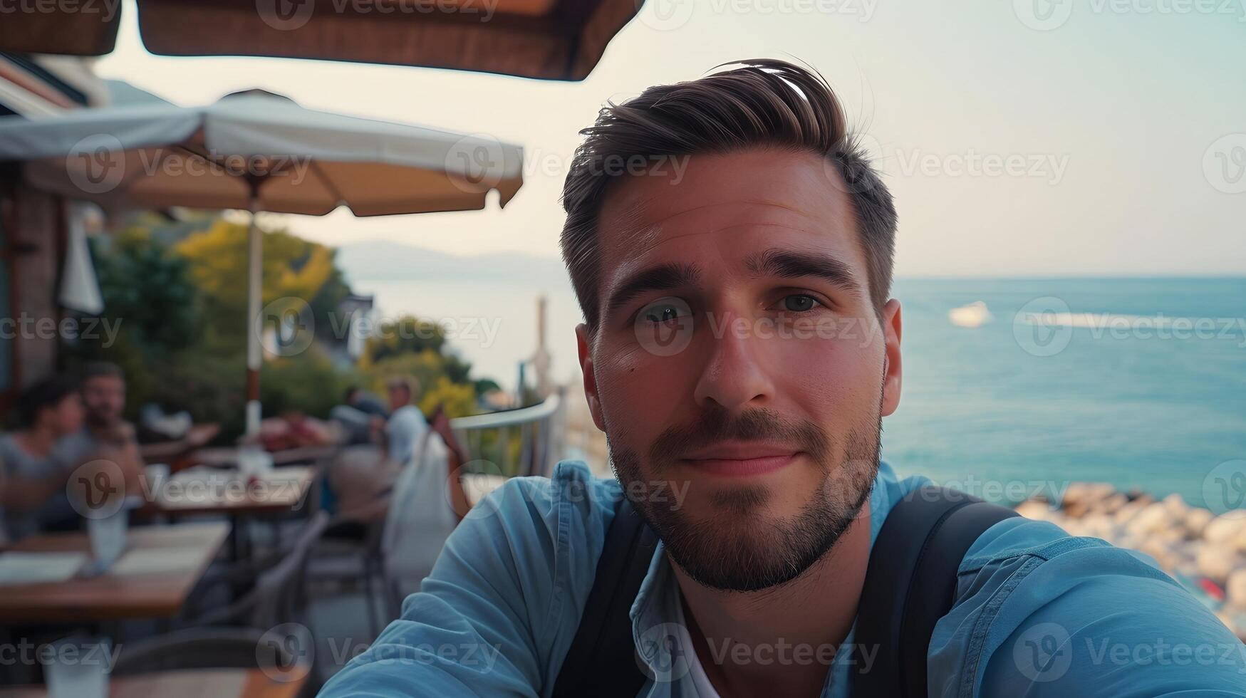 AI generated Selfie portrait of a white male on a beautiful sea side cafe background, generative AI photo