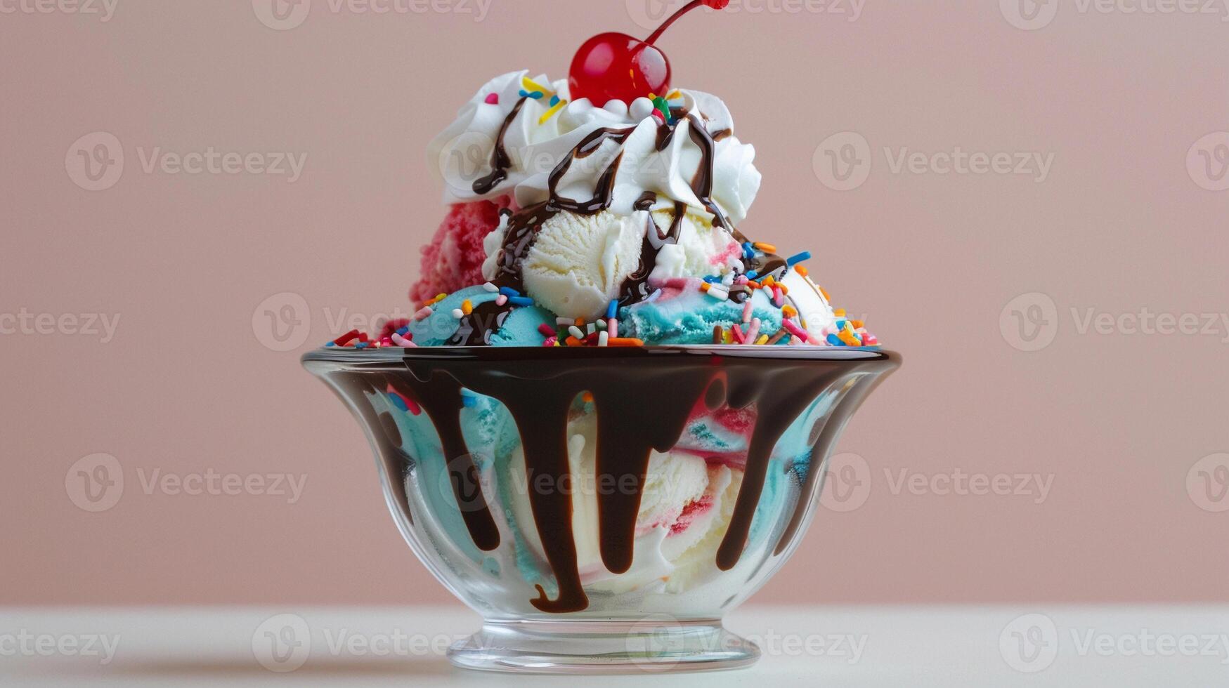 AI generated Sundae Delight, colorful and indulgent ice cream sundae topped with whipped cream, generative AI photo