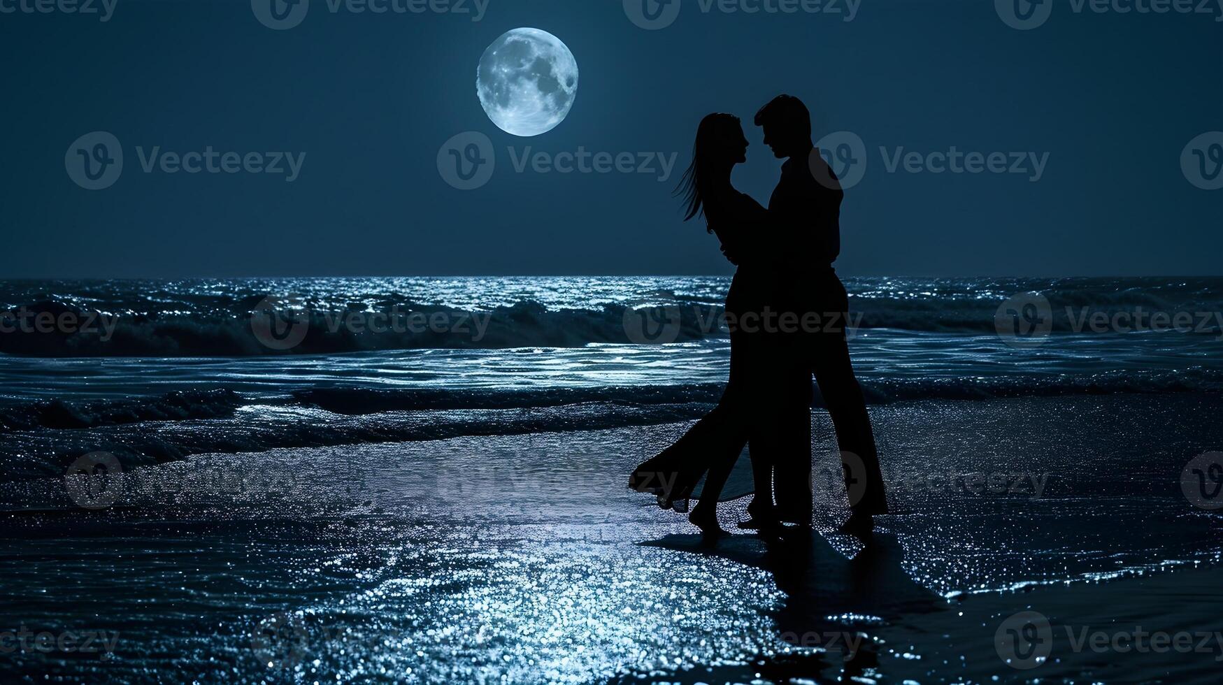 ai generado un Pareja graciosamente bailando en el de luna playa, su siluetas emitir en contra el reluciente ondas, san valentin día vibras, antecedentes imagen, generativo ai foto