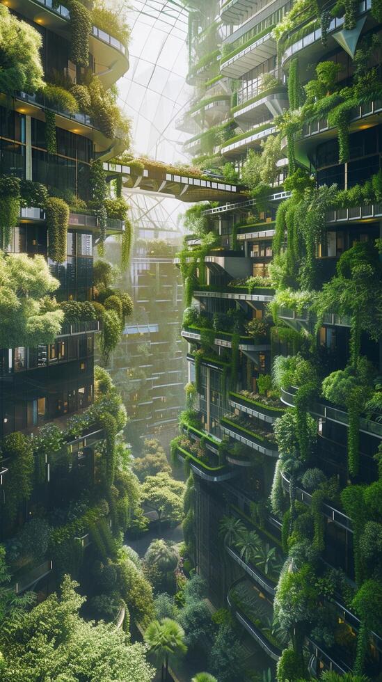 AI generated Vertical metropolis within a biodome, Towering skyscrapers covered in lush greenery pierce the glass dome that encloses the entire city, generative AI photo