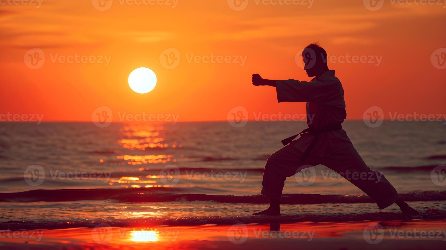 ai generado silueta retrato de un hombre practicando kárate en contra el antecedentes de el puesta de sol en el playa, generativo ai, antecedentes imagen foto