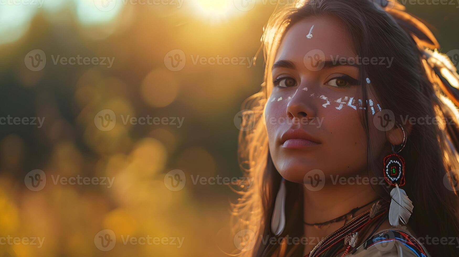 ai generado retrato de un nativo americano siux indio mujer en contra naturaleza fondo, antecedentes imagen, generativo ai foto