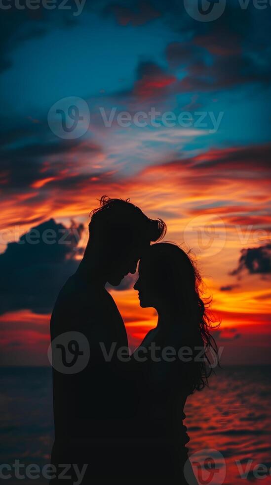 AI generated Silhouette of a couple embracing against a colorful sunset, valentine's day vibes, background image, generative AI photo