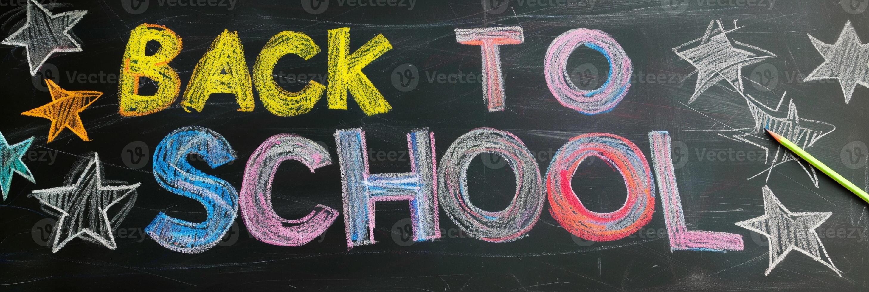 AI generated Photo of the text 'Back To School' written using colorful chalk on a classroom blackboard, generative AI