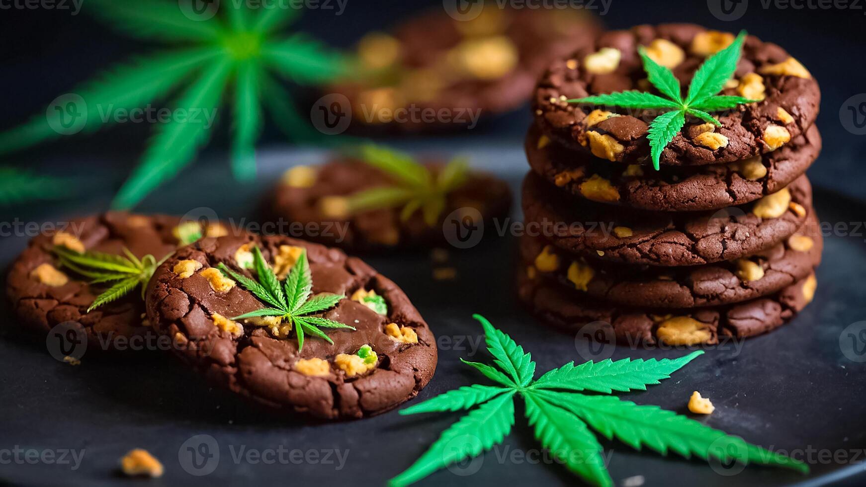 AI generated Delicious chocolate cookies, marijuana leaf photo