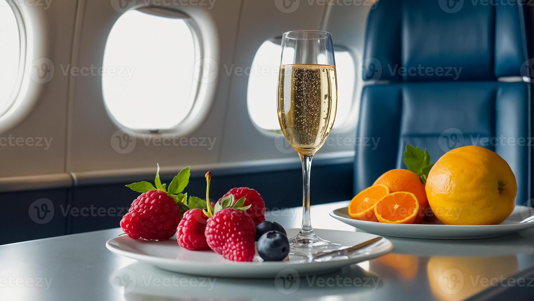 AI generated Glass of champagne, fruit on the table on the plane photo