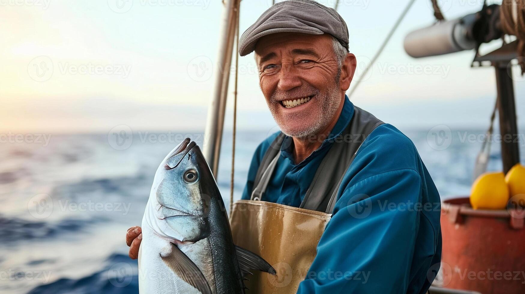 ai generado retrato de un sonriente pescador participación un grande atrapado pescado en un bote, generativo ai, antecedentes imagen foto