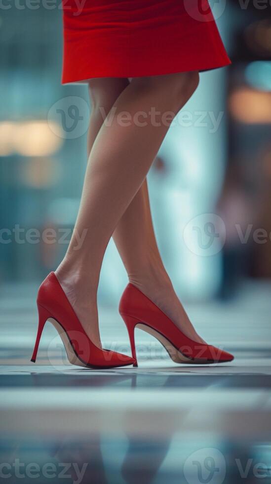 ai generado de cerca retrato de un mujer pies caminando vistiendo rojo alto tacón zapatos, generativo ai foto