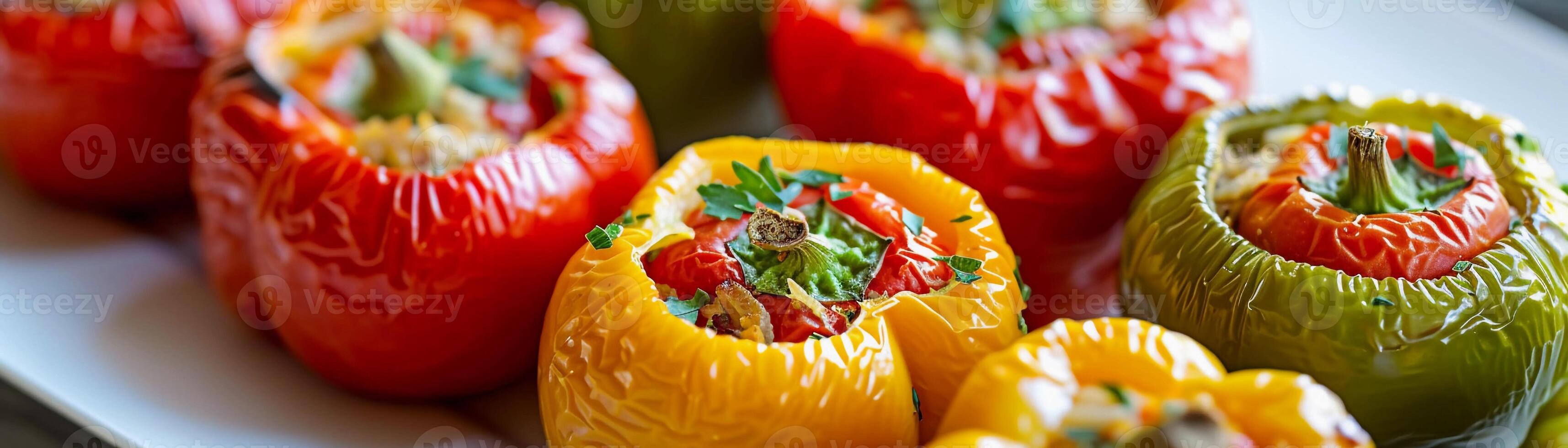 AI generated Stuffed Bell Peppers, close-up of halved bell peppers stuffed with a savory vegetarian filling, background image, generative AI photo