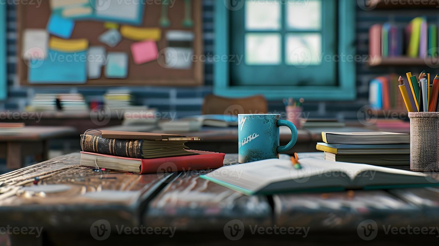 AI generated Back to school, Teacher's Desk Detail, Focus on the details of a teacher's desk with books, a coffee mug, and other tools of the trade, background image, generative AI photo