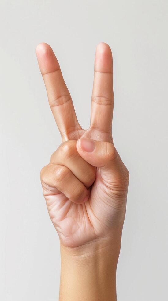 AI generated Close-up of hand raising two fingers victory symbol on white background, background image, generative AI photo