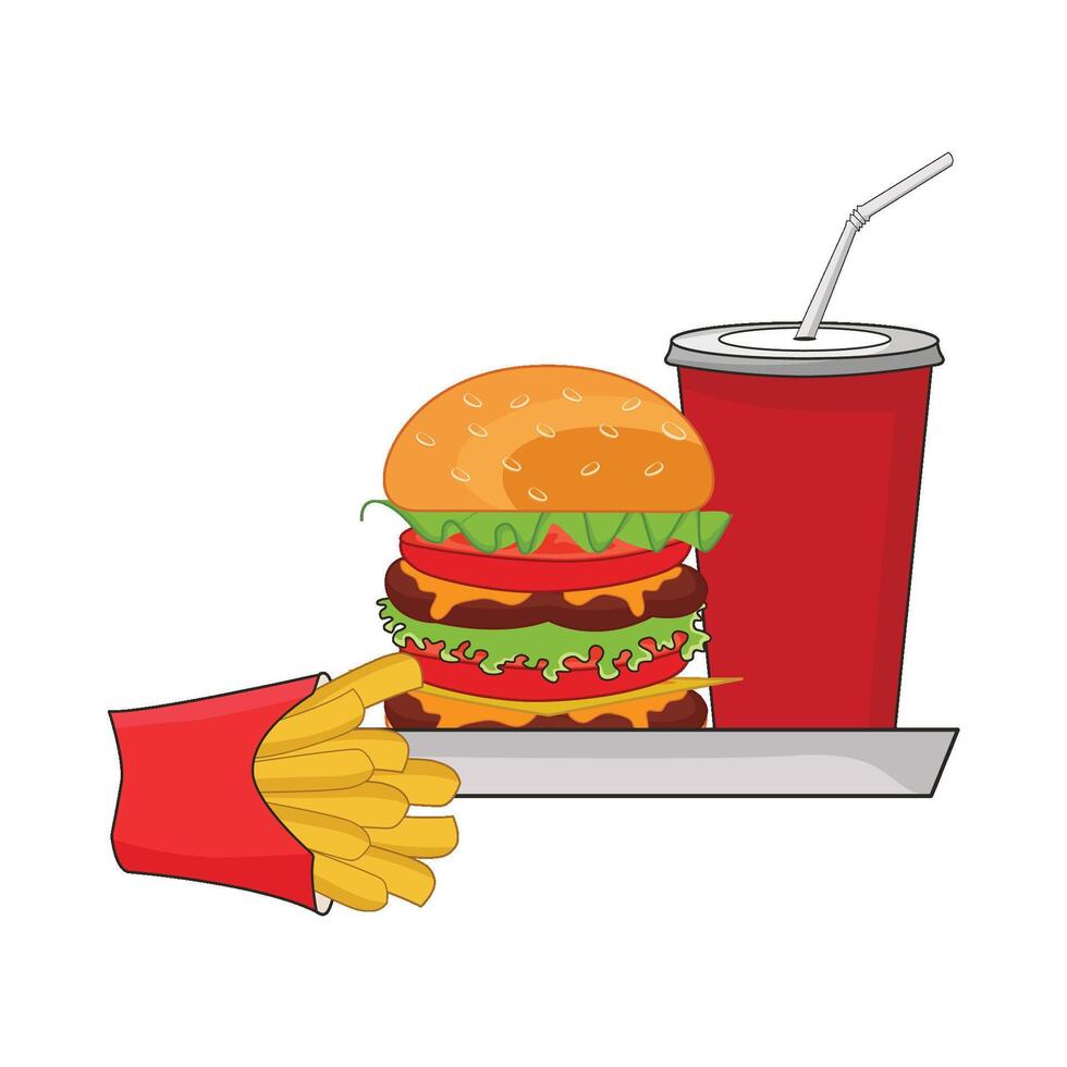 ilustración de hamburguesa, papas fritas y bebida vector