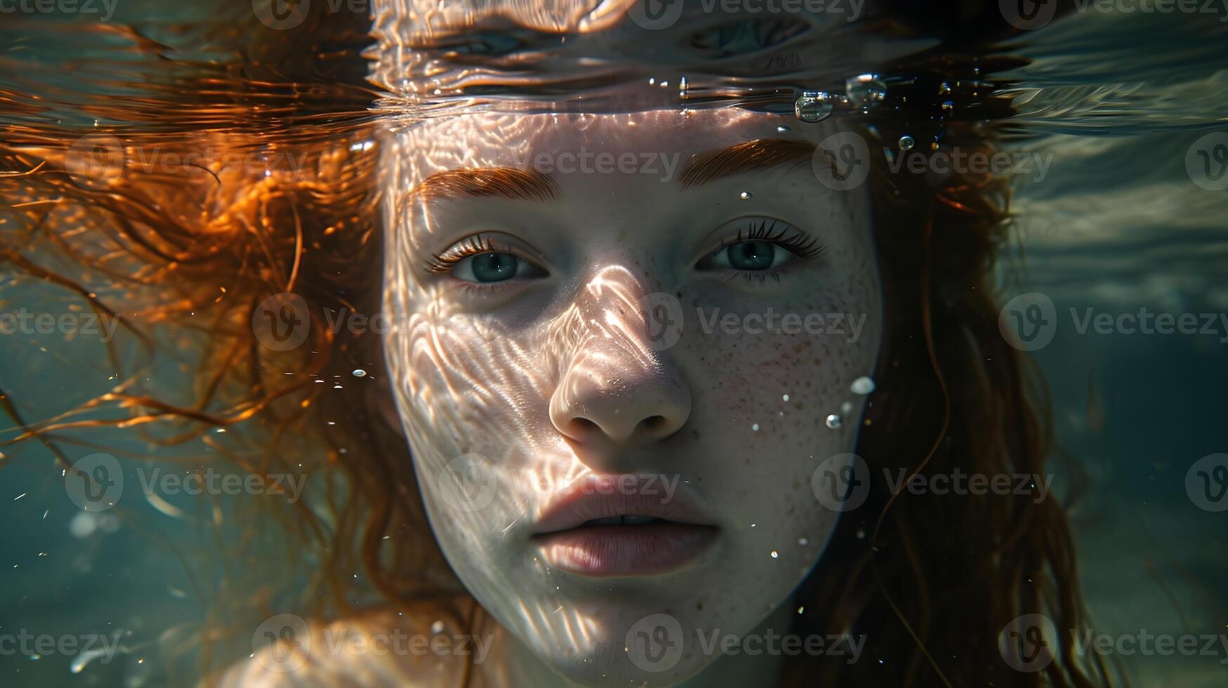 AI generated River underwater portrait of a red hair young white female, generative AI, background image photo