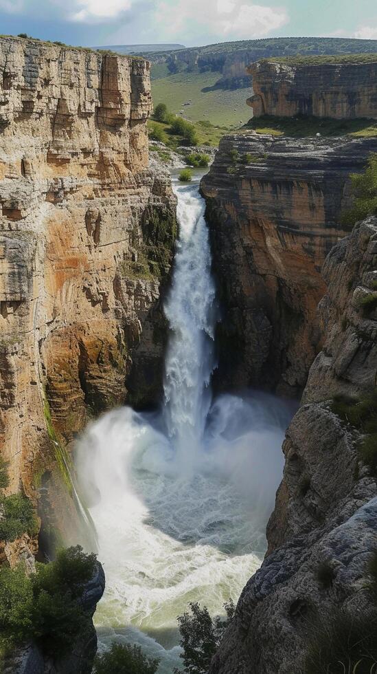 AI generated Panoramic view of a waterfall from a high vantage point, background image, generative AI photo