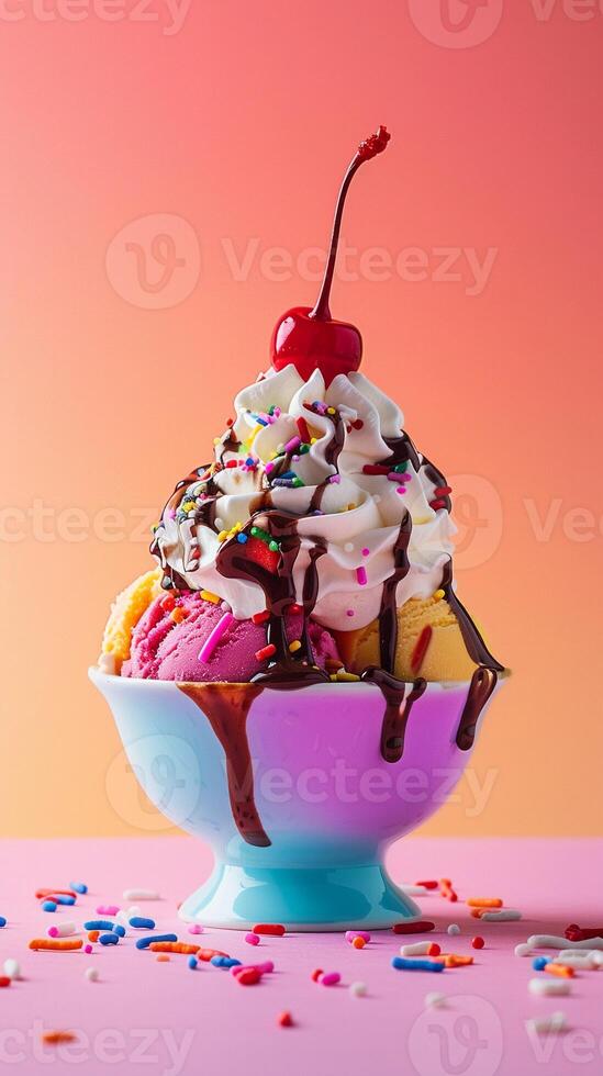 AI generated Sundae Delight, colorful and indulgent ice cream sundae topped with whipped cream, generative AI photo