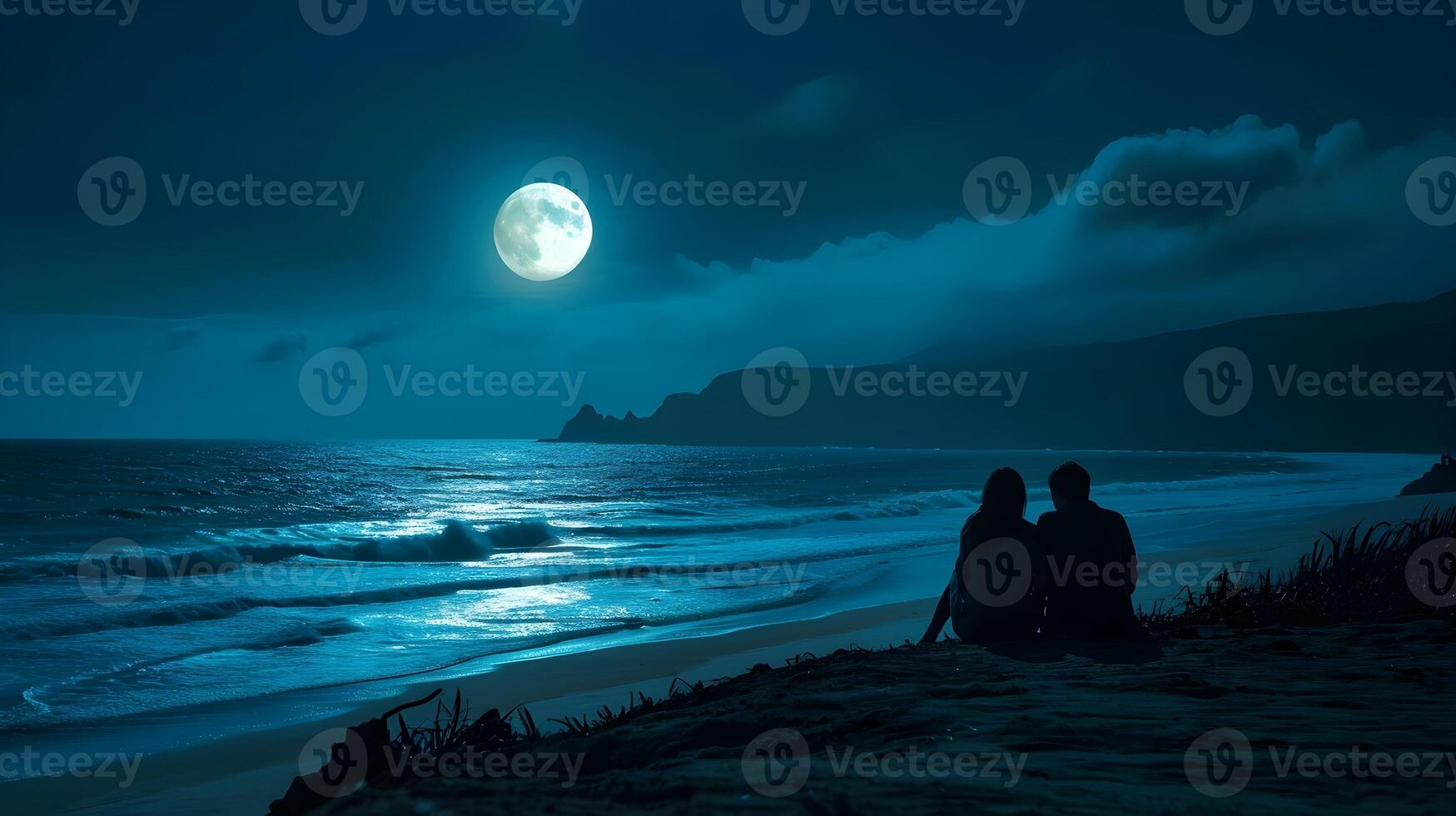 ai generado Pareja compartiendo un tranquilo momento en un de luna playa, San Valentín día vibras, antecedentes imagen, generativo ai foto