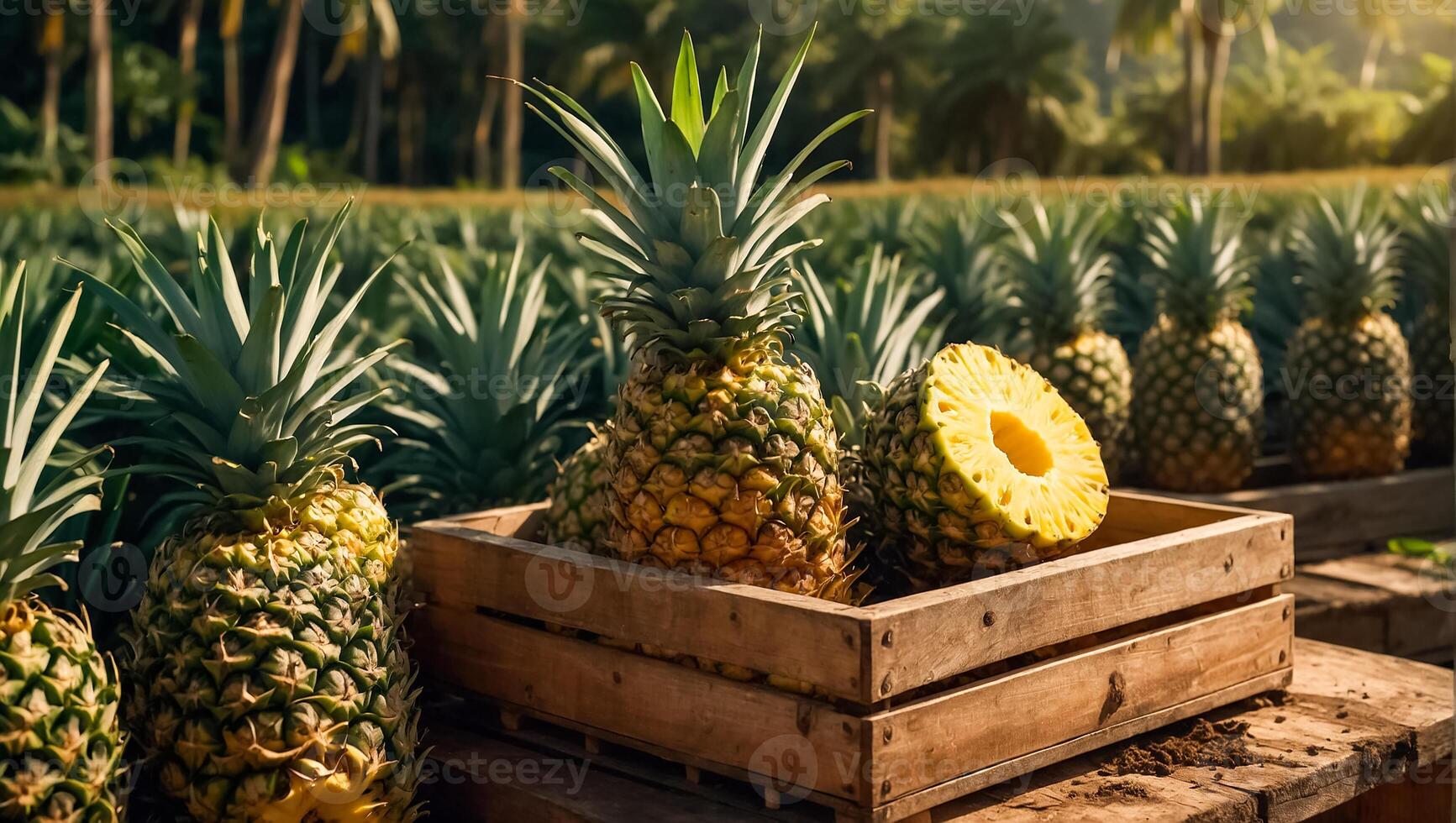 AI generated Harvest of fresh pineapples growing in the garden photo