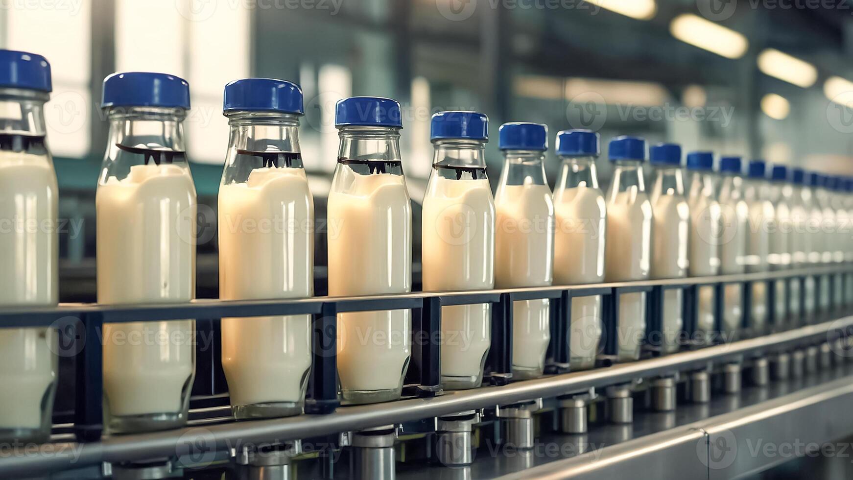 AI generated Conveyor with milk bottles photo