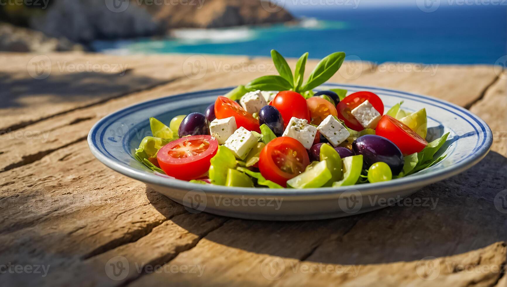 ai generado delicioso griego ensalada en un plato al aire libre en Grecia foto
