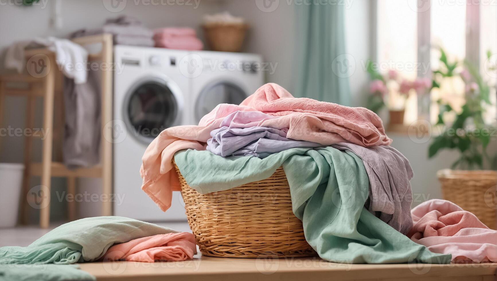 AI generated Basket with colored laundry for washing in laundry room photo