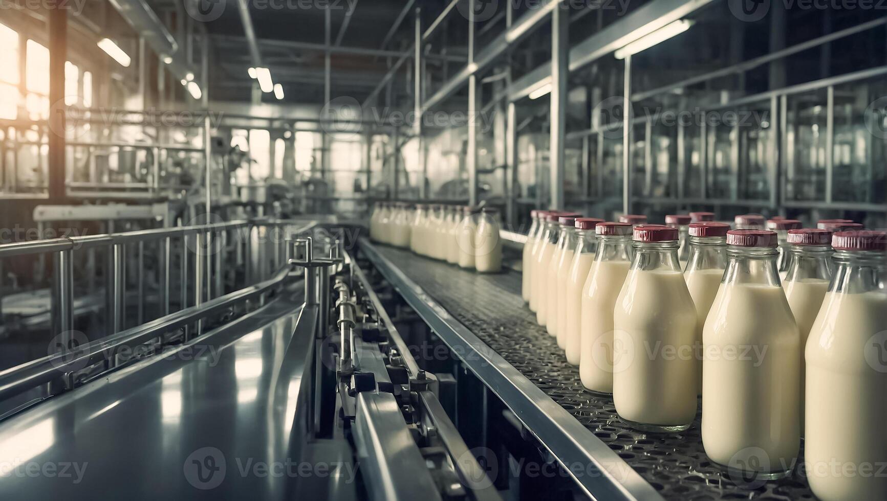 AI generated Conveyor with milk bottles photo