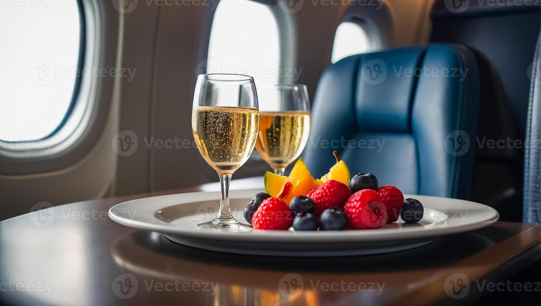 AI generated Glass of champagne, fruit on the table on the plane photo