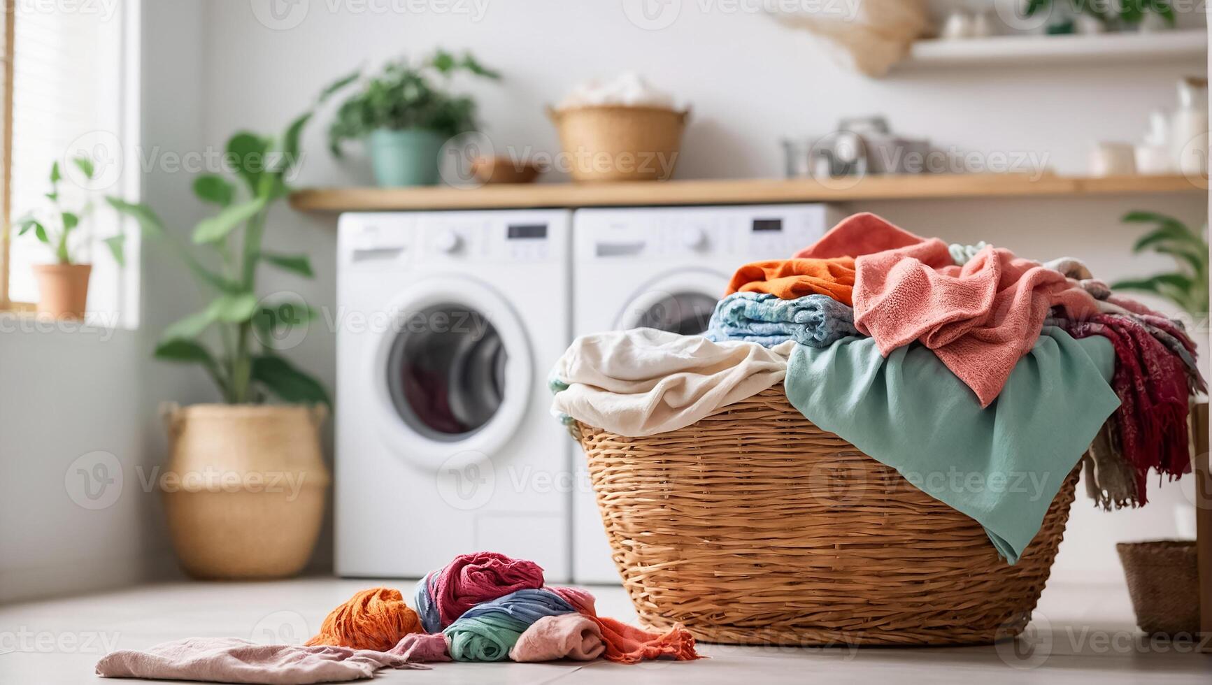 AI generated Basket with colored laundry for washing in laundry room photo