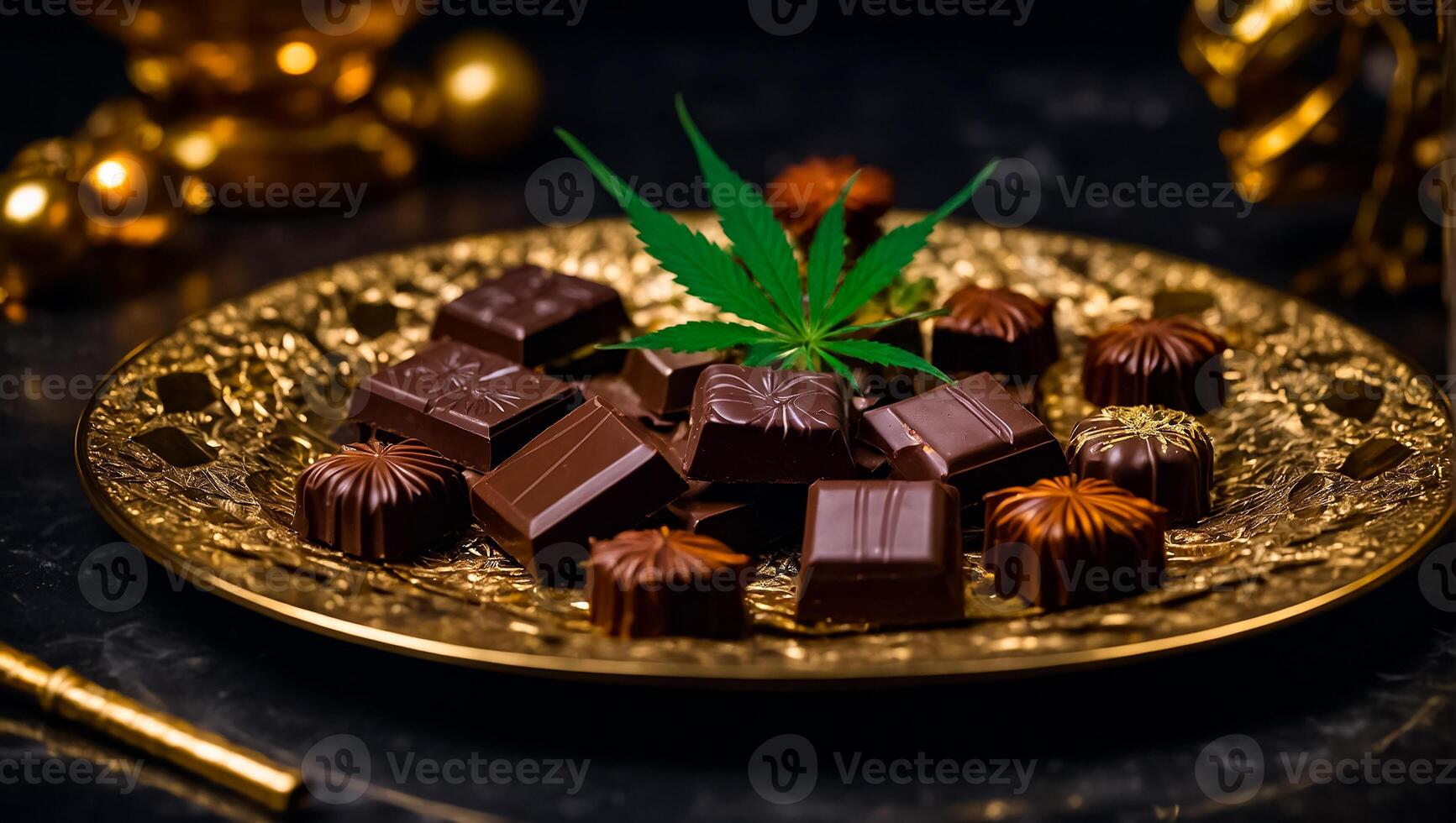AI generated Delicious chocolate with marijuana leaf on dark background photo