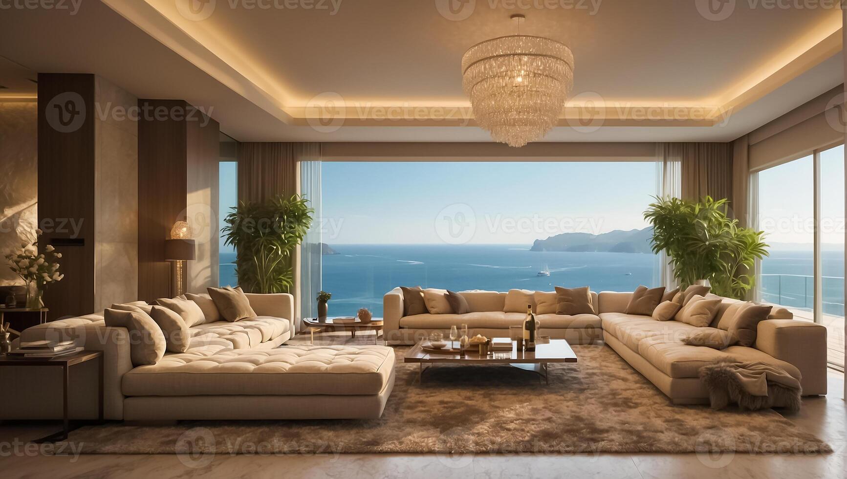 AI generated Living room with sea view photo