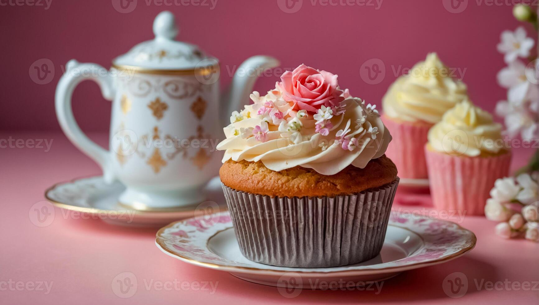 AI generated Beautiful cupcake with cream and flowers photo