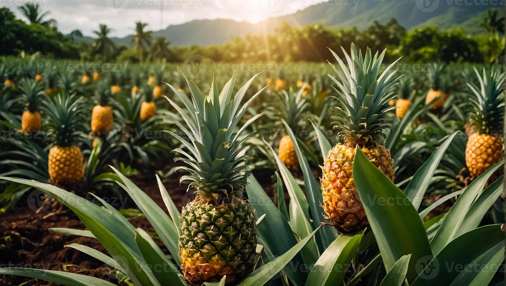 AI generated Harvest of fresh pineapples growing in the garden photo