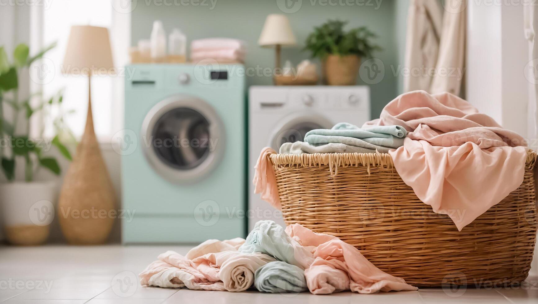 AI generated Basket with colored laundry for washing in laundry room photo