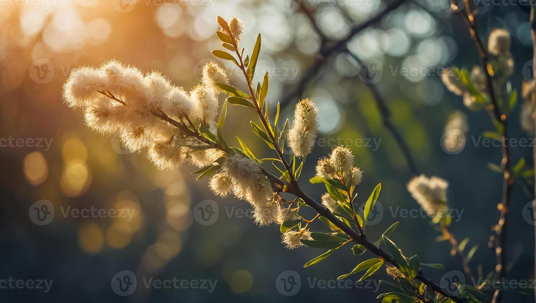 AI generated fluffy willow branch in nature photo