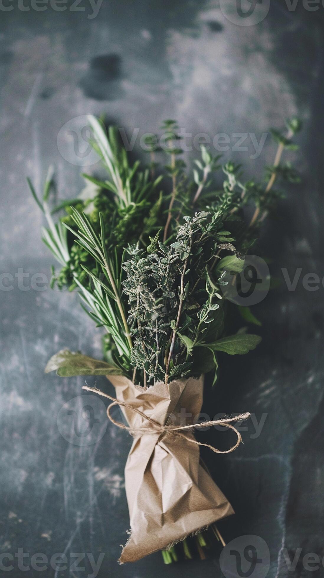 AI generated Herb Bundle Composition, medicinal herbs tied with twine
