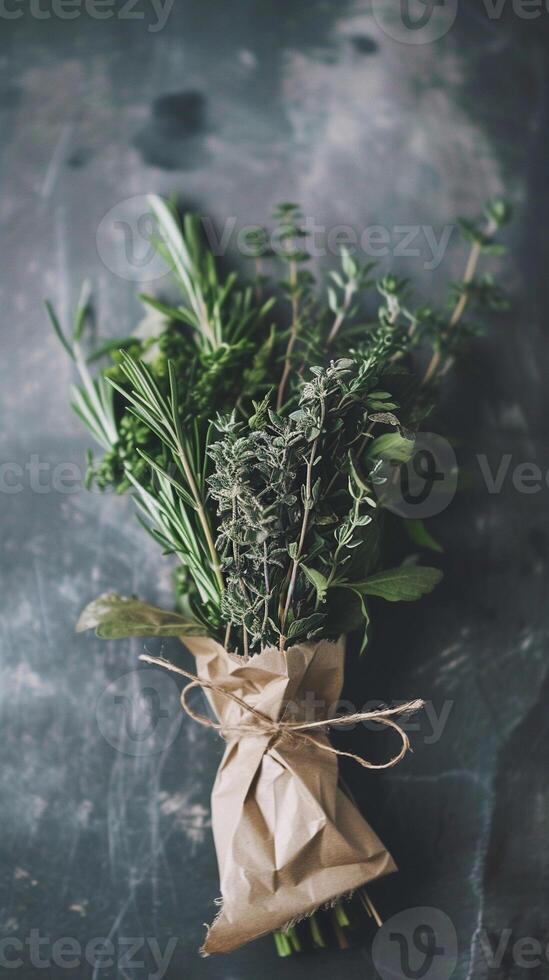 AI generated Herb Bundle Composition, medicinal herbs tied with twine or ribbon, background image, generative AI photo