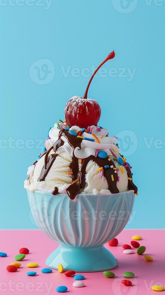 AI generated Sundae Delight, colorful and indulgent ice cream sundae topped with whipped cream, generative AI photo